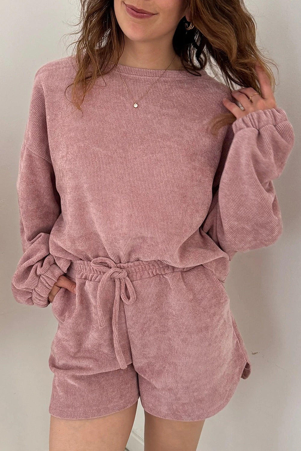 Women's Solid Color Round Neck Homewear Casual Long Sleeve Drawstring Suit