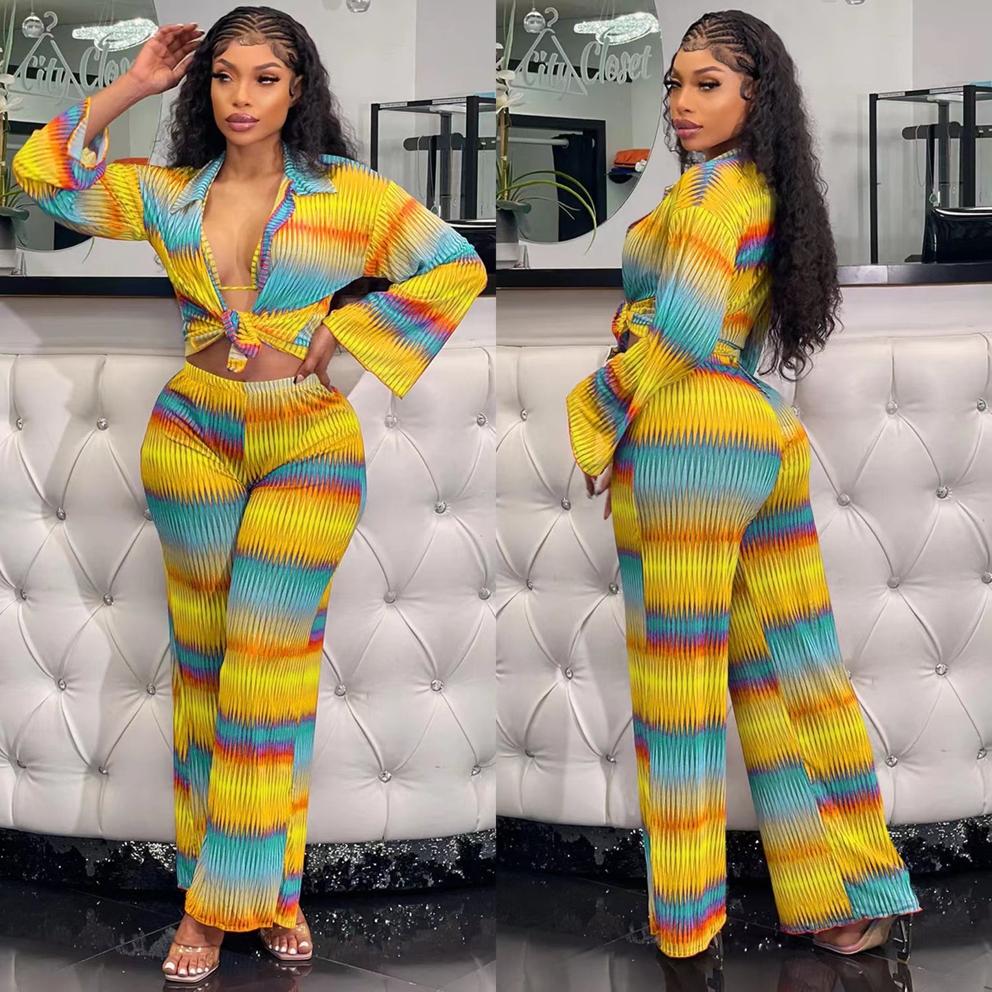 Women's Printed Pleated Stretch Shirt Trousers Suit