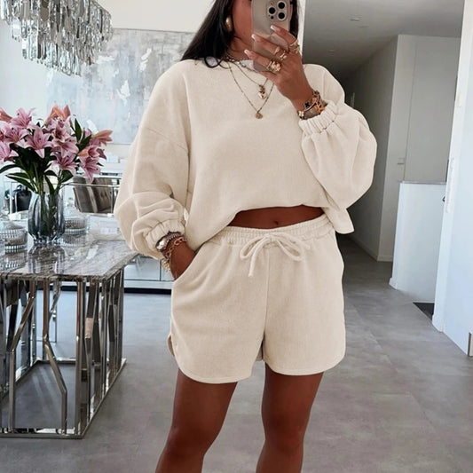 Women's Solid Color Round Neck Homewear Casual Long Sleeve Drawstring Suit