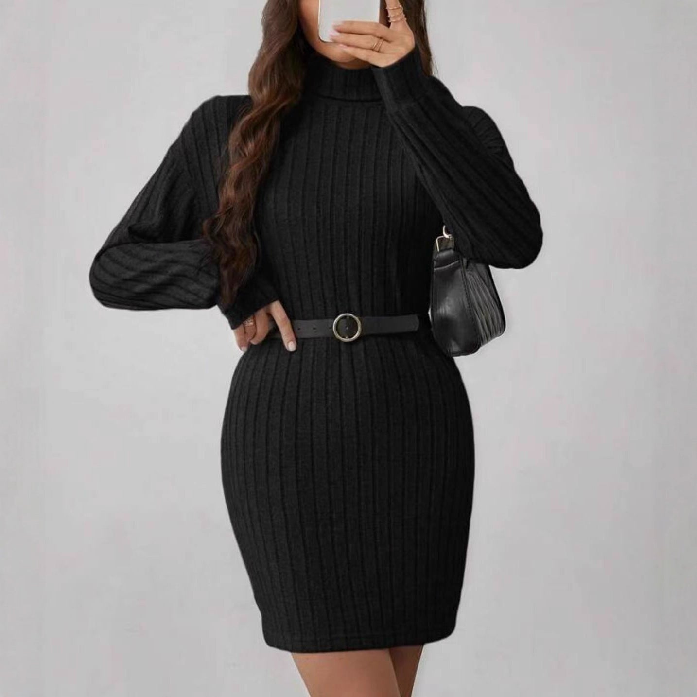 Women's Sunken Stripe Fleece Turtleneck Slim Dress
