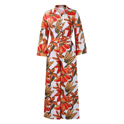 Printed Long Sleeve Shirt Wide Leg Pants Suit