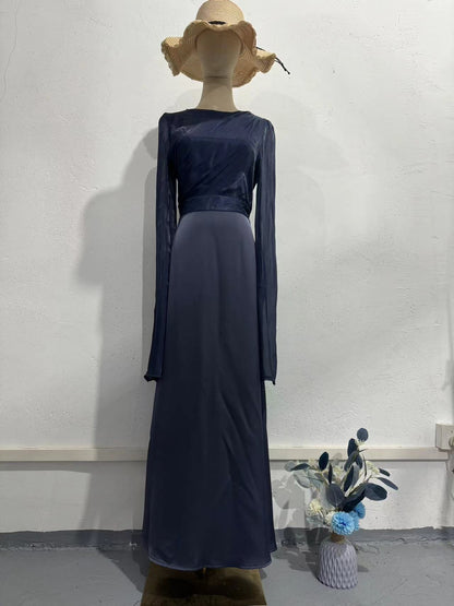 Elegant Summer Sleeve Contrast Chiffon & Satin Maxi Dress With Flared Cuffs - Slim Fit Long Dress For Women