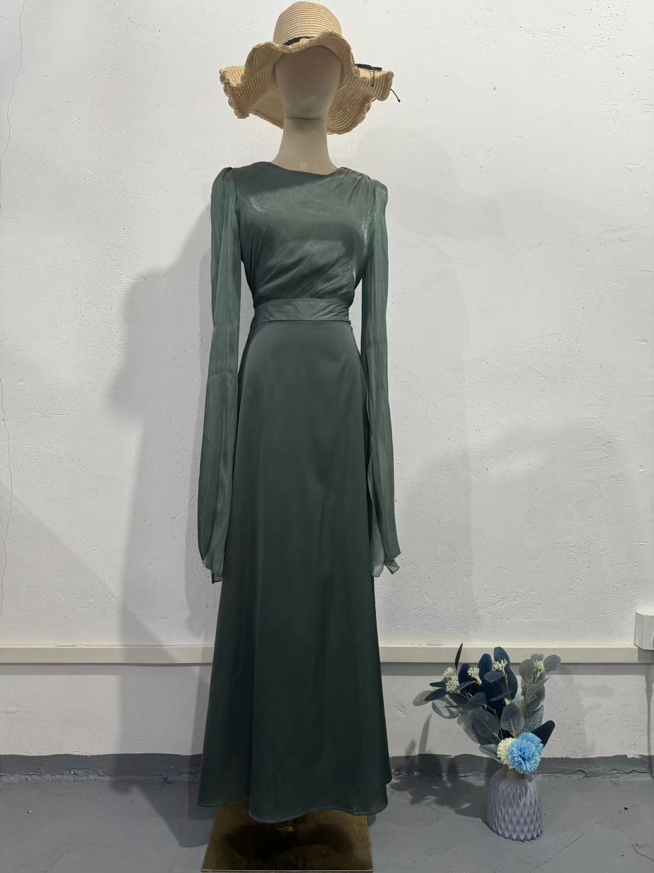 Elegant Summer Sleeve Contrast Chiffon & Satin Maxi Dress With Flared Cuffs - Slim Fit Long Dress For Women