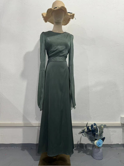 Elegant Summer Sleeve Contrast Chiffon & Satin Maxi Dress With Flared Cuffs - Slim Fit Long Dress For Women