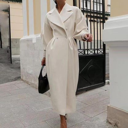 Women's Classic Winter Long Coat, Double-Breasted Belted Trench With Wide Lapel, Solid Color Oversized Overcoat For Casual Style