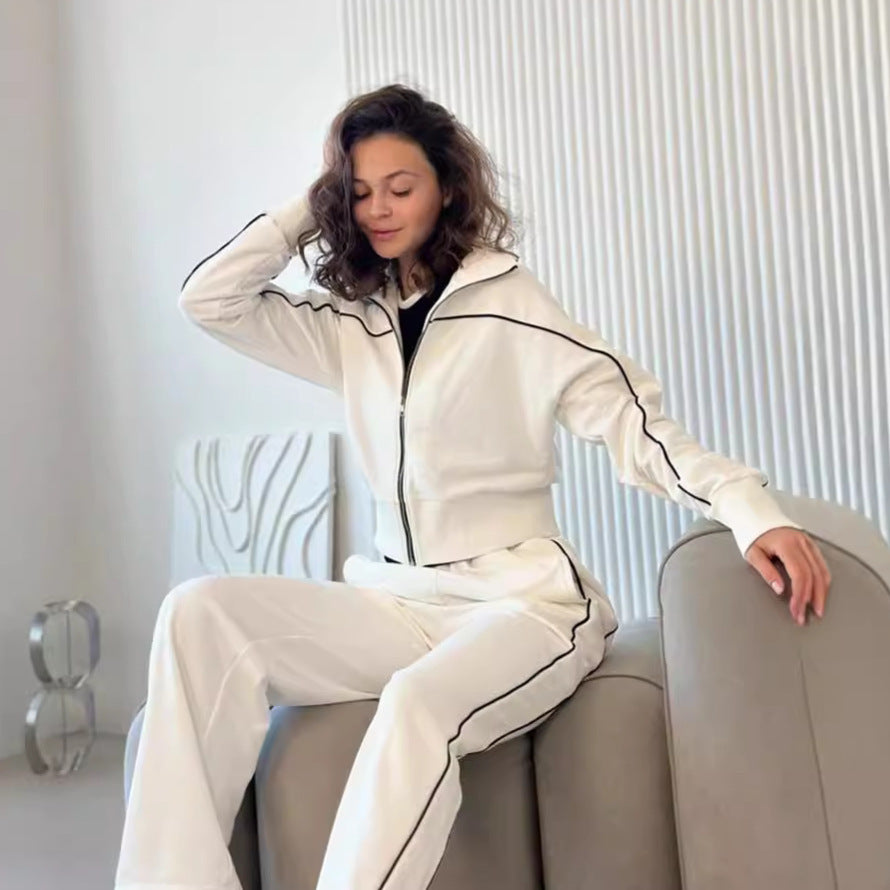 Long Sleeve Zipper Sweater Coat Striped Trousers With An Elasticated Waist Casual Suit