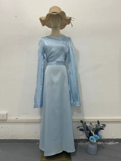 Elegant Summer Sleeve Contrast Chiffon & Satin Maxi Dress With Flared Cuffs - Slim Fit Long Dress For Women