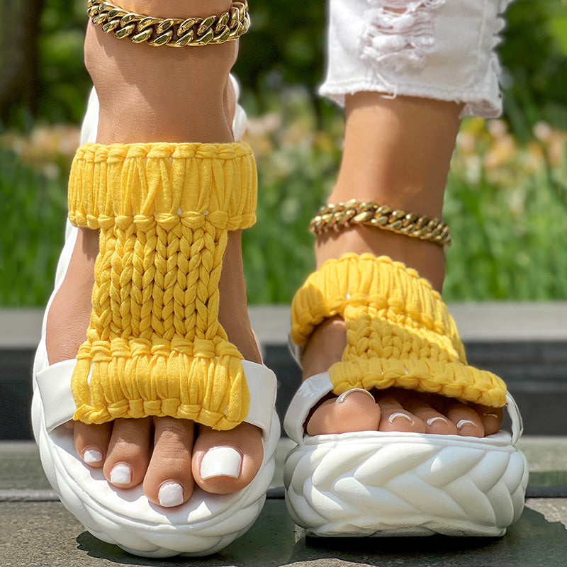 Platform Sandals Summer Braided Knit Hollow Open Toe Slipper Sandals - Anklet Not Included