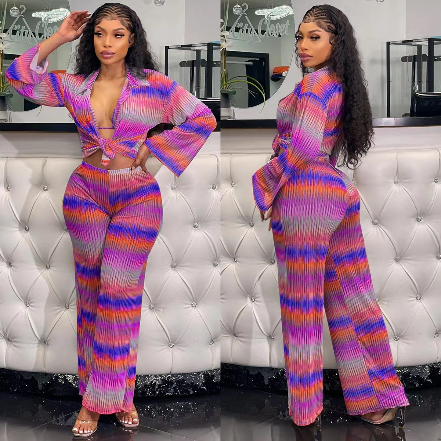 Women's Printed Pleated Stretch Shirt Trousers Suit