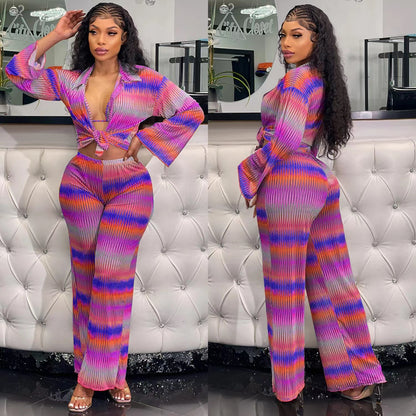 Women's Printed Pleated Stretch Shirt Trousers Suit