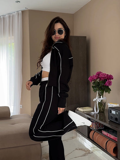 Long Sleeve Zipper Sweater Coat Striped Trousers With An Elasticated Waist Casual Suit