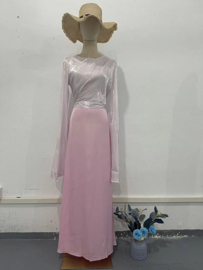 Elegant Summer Sleeve Contrast Chiffon & Satin Maxi Dress With Flared Cuffs - Slim Fit Long Dress For Women