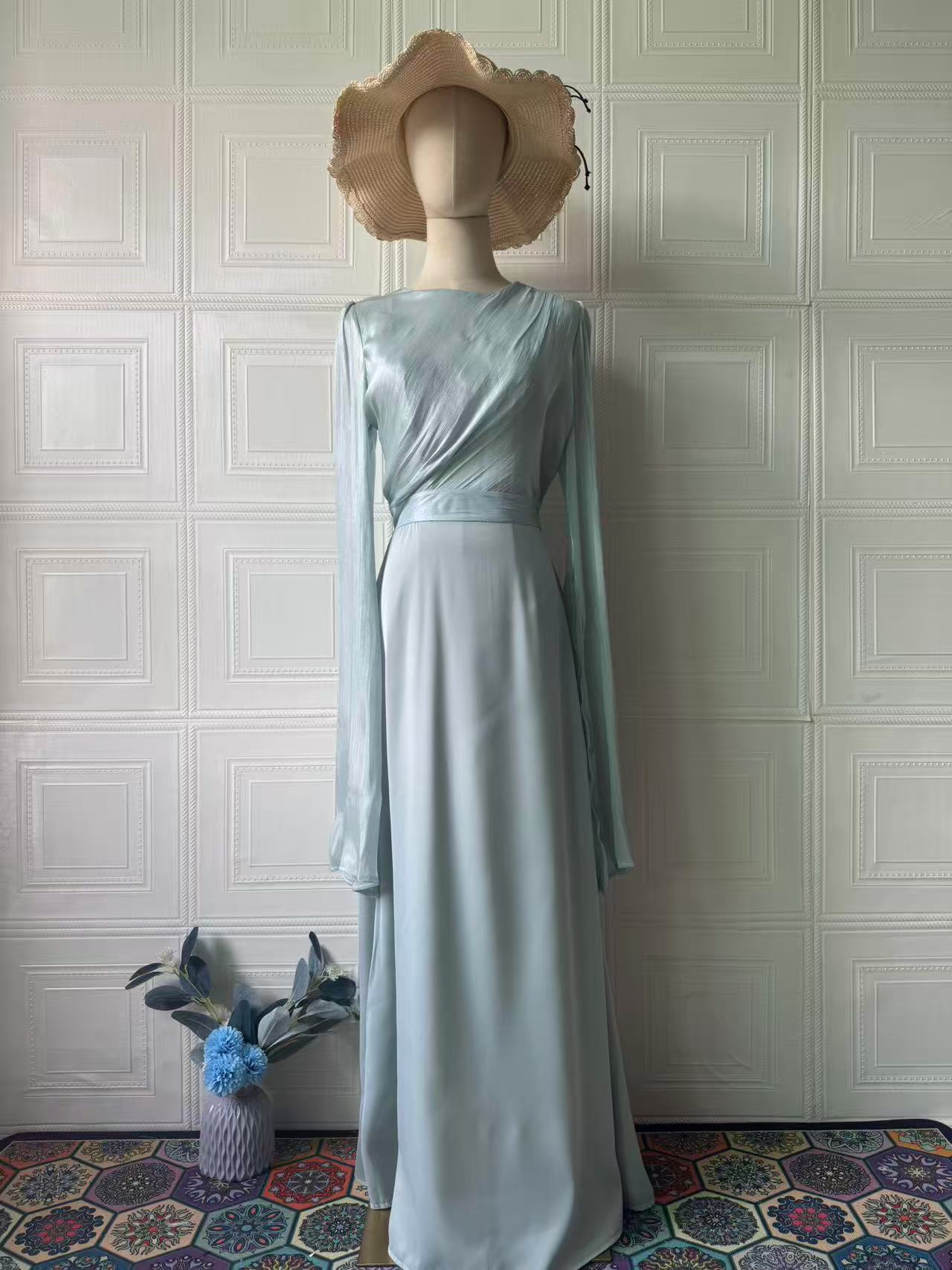 Elegant Summer Sleeve Contrast Chiffon & Satin Maxi Dress With Flared Cuffs - Slim Fit Long Dress For Women