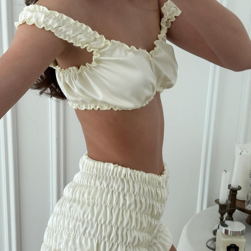 Sexy Artificial Silk Vest Shorts Pleated Homewear Suit