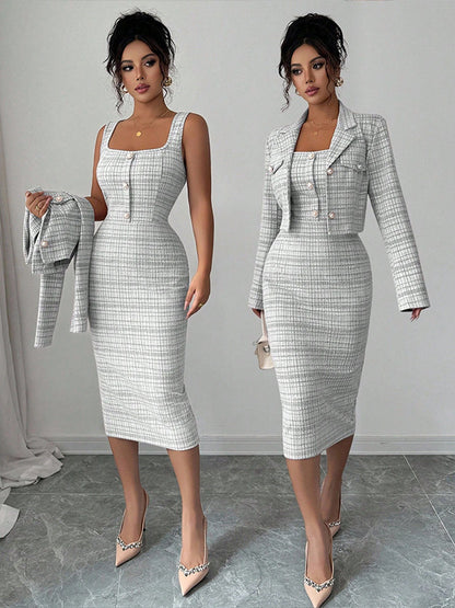 Women's Clothing Skirts Suit Lapel Long Sleeve Short Plaid Jacket