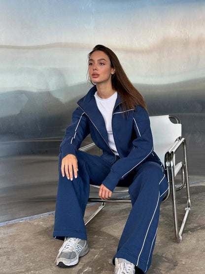 Long Sleeve Zipper Sweater Coat Striped Trousers With An Elasticated Waist Casual Suit