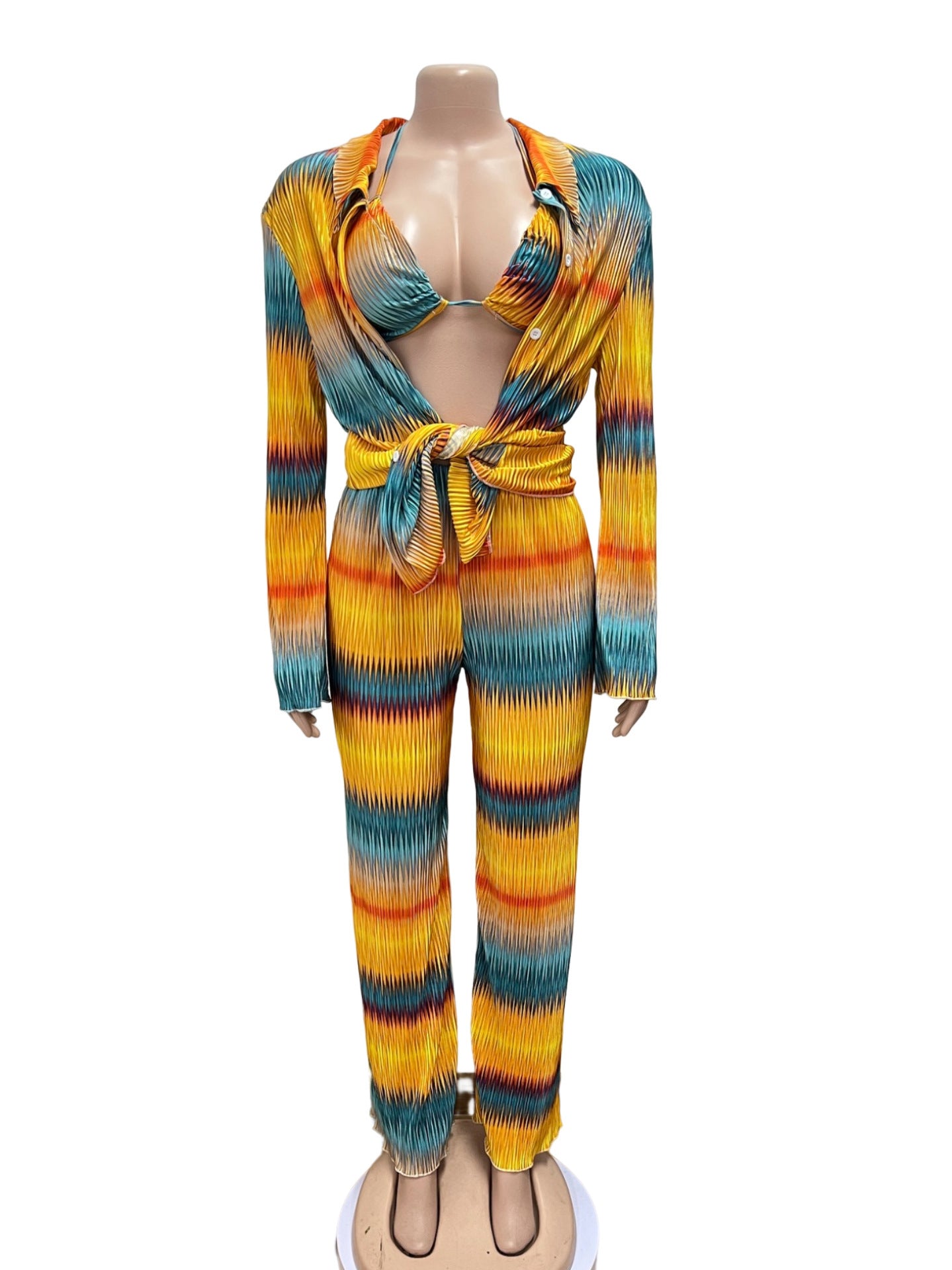 Women's Printed Pleated Stretch Shirt Trousers Suit